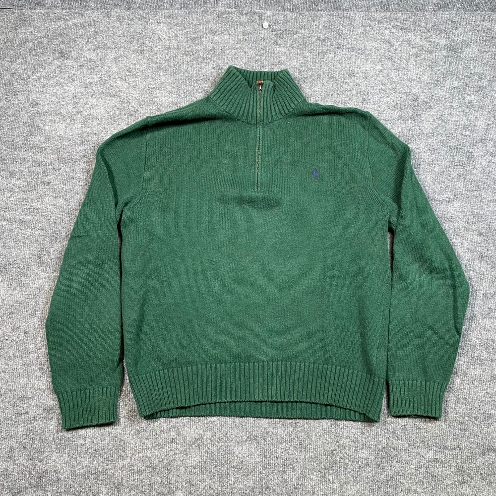 Polo Ralph Lauren Mens Quarter Zip Sweater Green Cotton Knit Purple Pony Size M